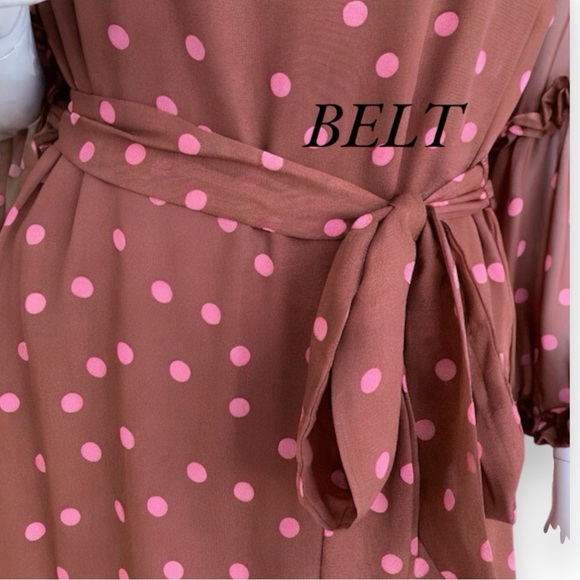 MAISON TARA CHIFFON BROWN WITH PINK POLKA DOT SHIRTWAIST DRESS. WOMEN’S SIZE 12 - Picture 8 of 13